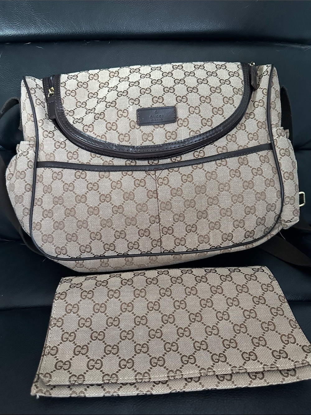 Gucci Beige GG Canvas Shoulder Bag with Brown Trim and Pouch